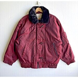 Vintage 70s London Club Women’s M Burgundy Bomber Puffer Coat Faux Fur Trim